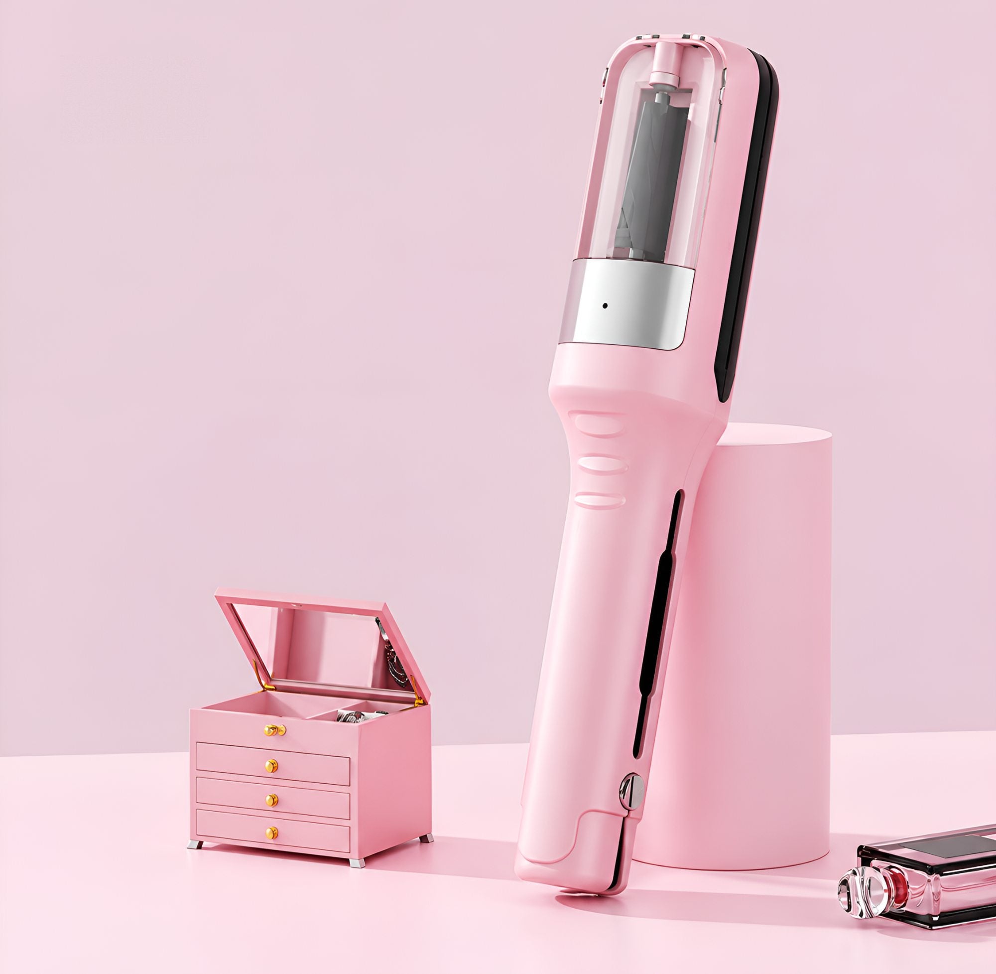 Cortapuntas eléctrico rosa sobre fondo rosa empolvado
